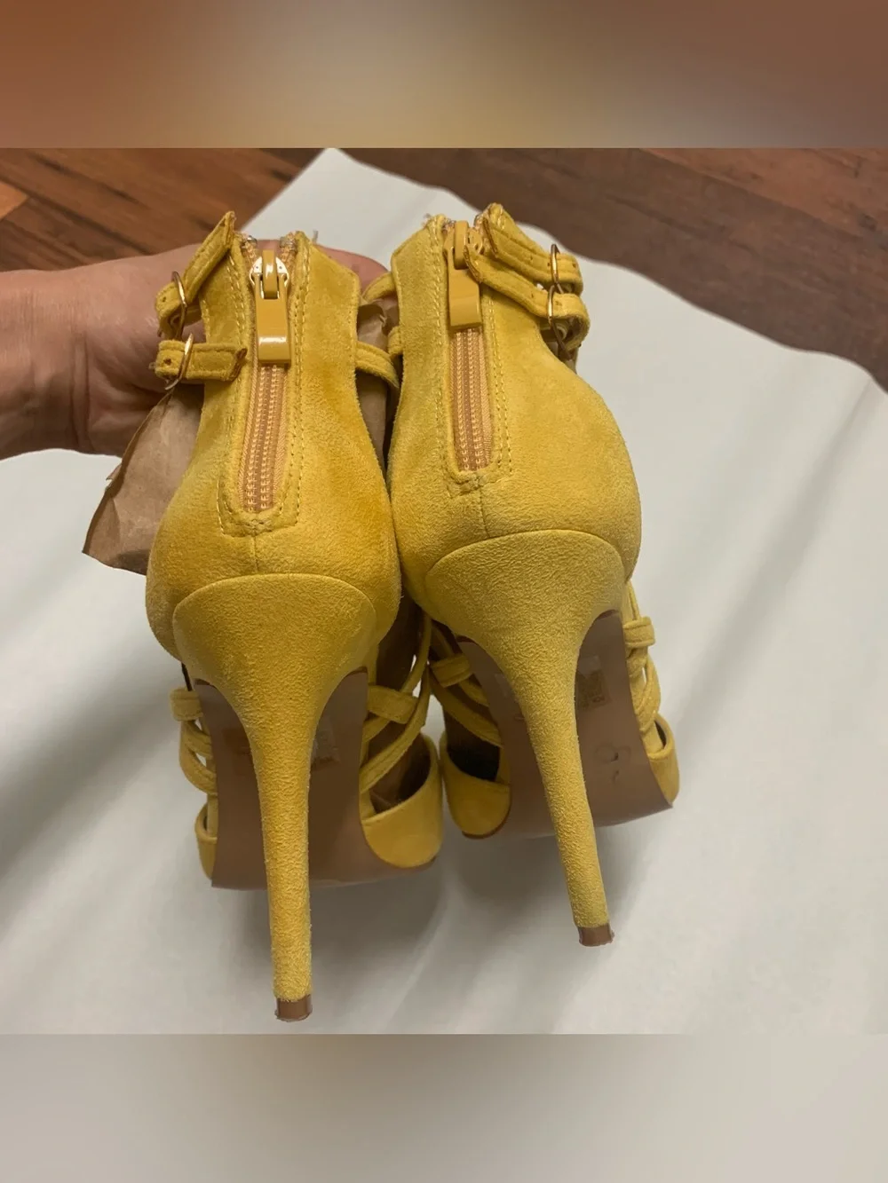 Forever 21 Womens Forever Women Mustard Suede Crossed Strap Pointy Toe Stiletto